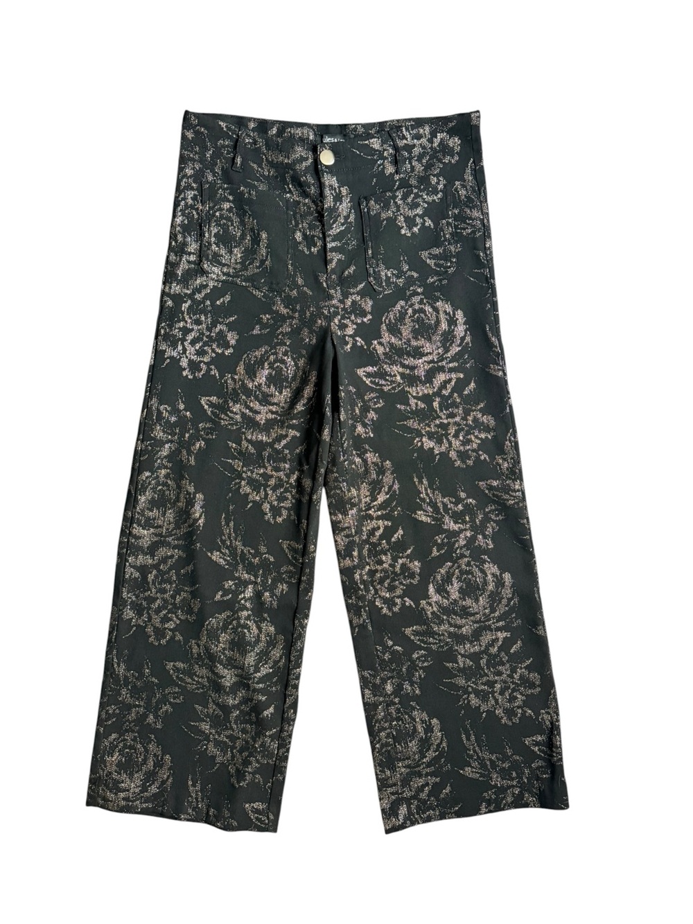Jules & Leopold Metallic Floral Wide Leg Pants Black Gold Roses L - Picture 2 of 13